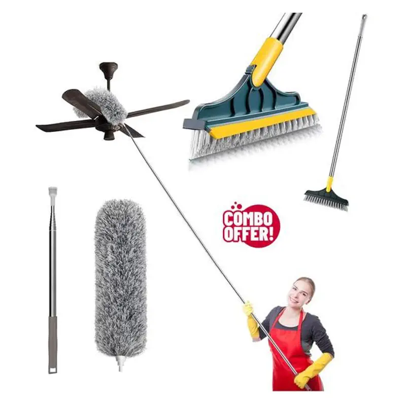 3 in 1 floor scrubvbrush with squeegee and microfiber feather duster bendable extendable fan cleaning duster